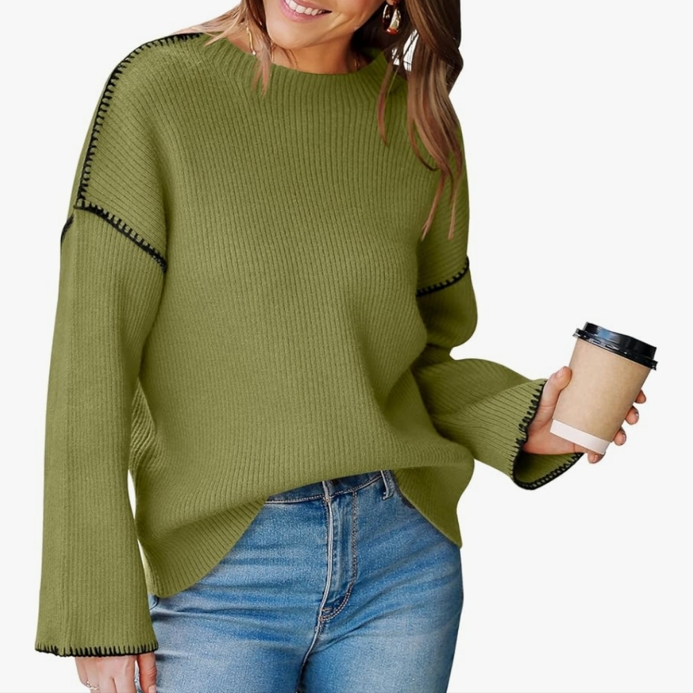Oversized Olive Green Crew Neck Sweater size small - Picture 3 of 6